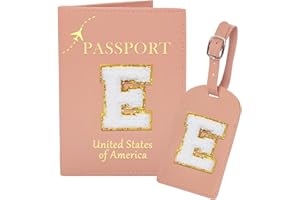 ULICO Initial Passport Cover Holder and Luggage tag Set,PU Leather Passport Case Travel Suitcase Tag with Letter Patch, Personalized Travel Luggage Accessories Gifts for Women Grils Teenage Pink E