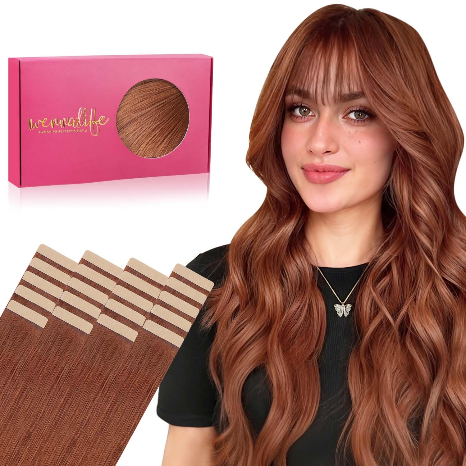 WENNALIFE Tape in Hair Extensions Human Hair, 16inch 20pcs 50 Dark Auburn Copper Real Human Hair Tape Extensions