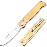 BOKER PLUS&reg; Atlas Brass - Small Slipjoint 2-handed Pocket Knife - EDC Folder with Metal Handle - lightweight Full-Metal Knife with pocket clip - Vintage 12C27 Sandvik all purpose Brass