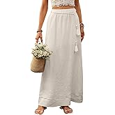 vinglam Women's Pure Linen Maxi Skirt with Tassel Belt 100% Linen A Line Wrap Skirts