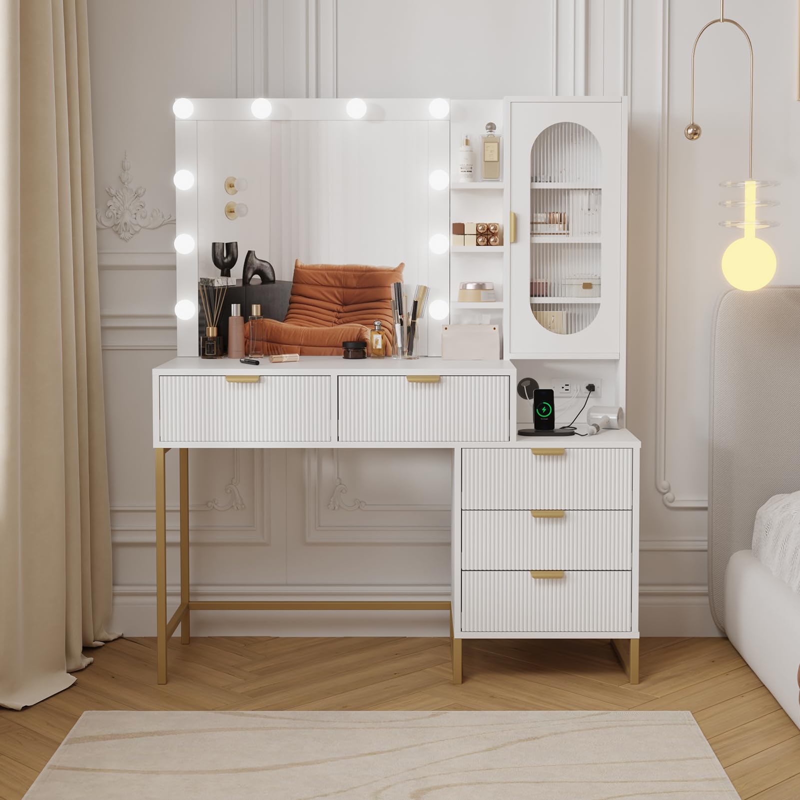 Photo 1 of JoanKaren Modern Vanity Makeup Desk with Vanity Mirror, Built-in Lights, 4 Drawers, Crystal Ball Knobs, Power Outlet, White Makeup Desk for Bedroom