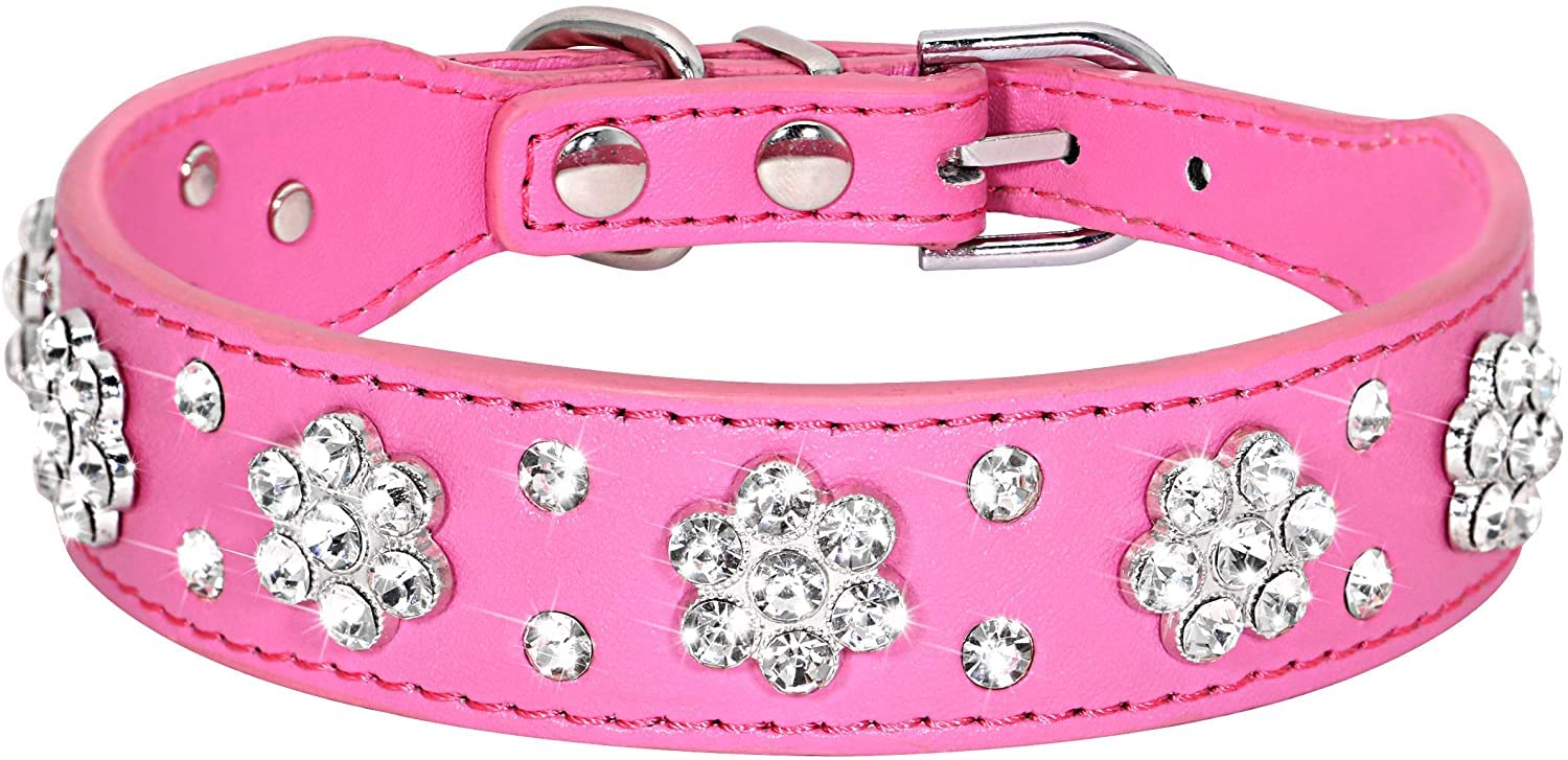 haoyueer Rhinestone Dog Collar, Cute Flower Rhinestone Cat Dog Collar Bling Collar PU Leather Collar Adjustable Sizes Small Medium Large (L, Hot Pink)