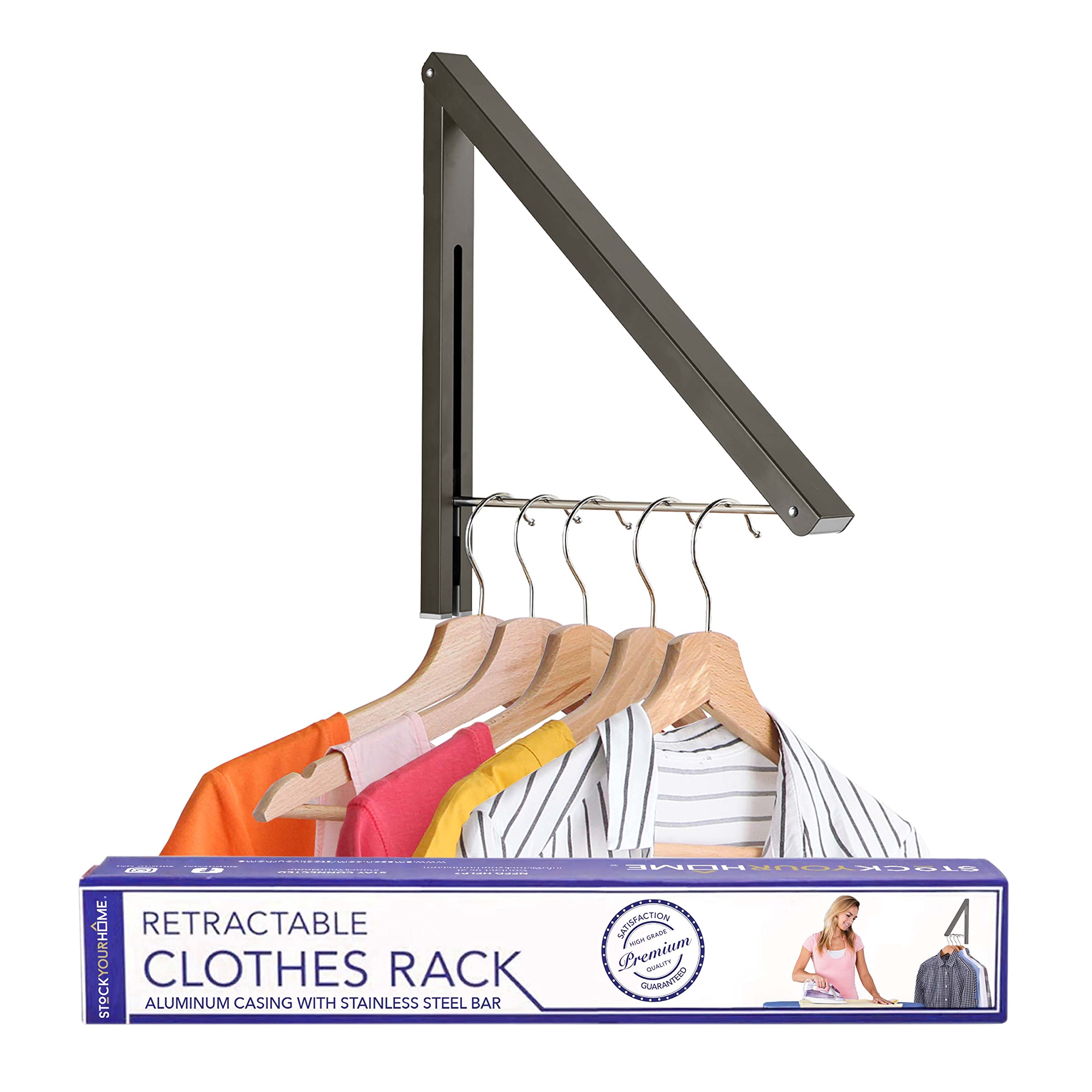 Stock Your Home Single Foldable Clothing Rack, Wall-Mounted Retractable Clothes Hanger for Laundry Dryer Room, Hanging Drying Rod, Small Collapsible Folding Garment Racks, Dorm Accessories (Gray)