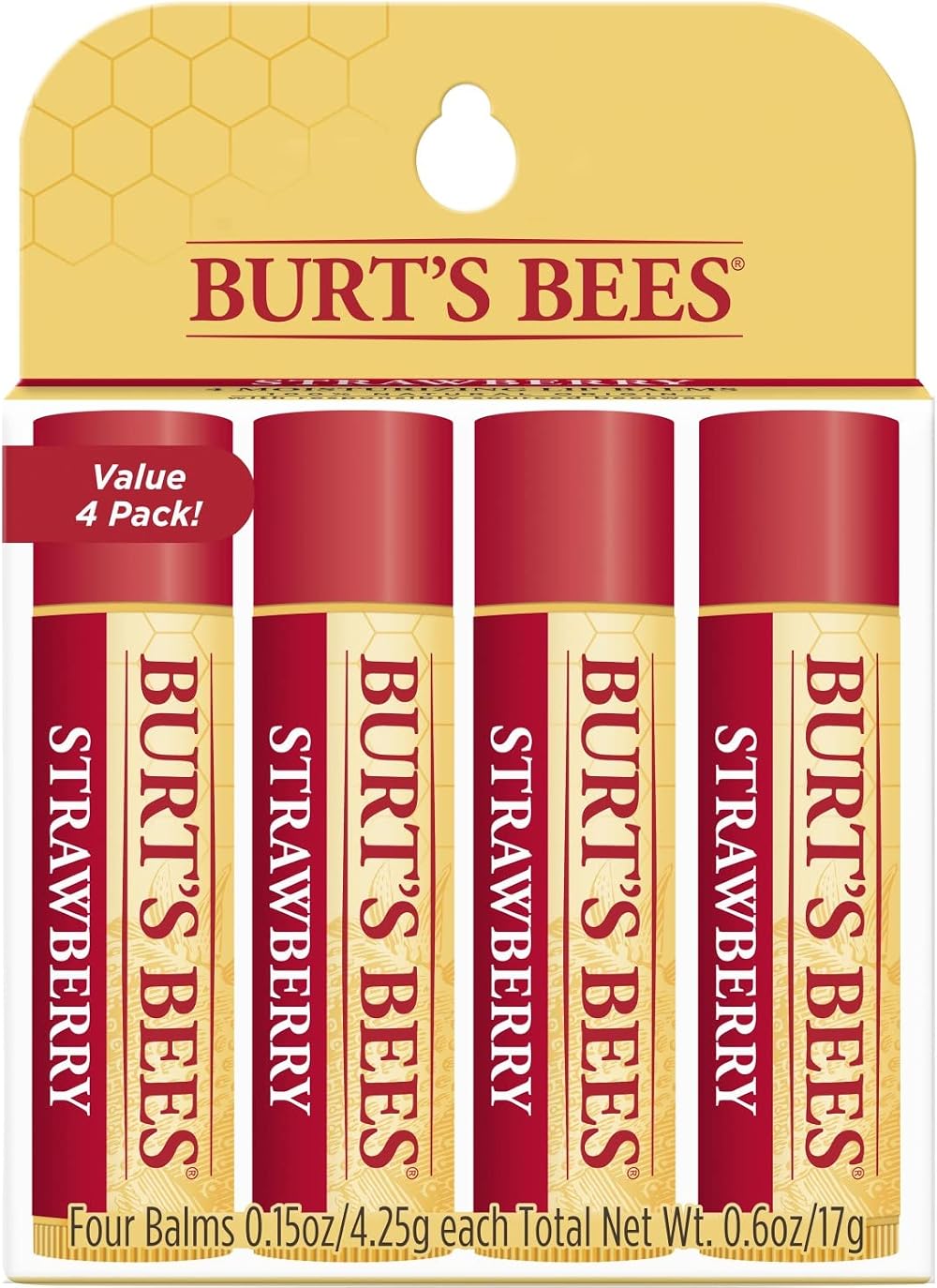 Burt's Bees Strawberry Lip Balm 4 Pack Beeswax Fruit Extracts Natural