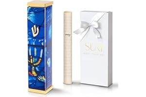 SURI Mezuzah for Door with Printed Scroll Inside | 4" Modern Mezuzah Case with Blue Marc Chagall Design, 24K Gold-Plated Aluminum | Jewish Gift from Israel, Includes Adhesive