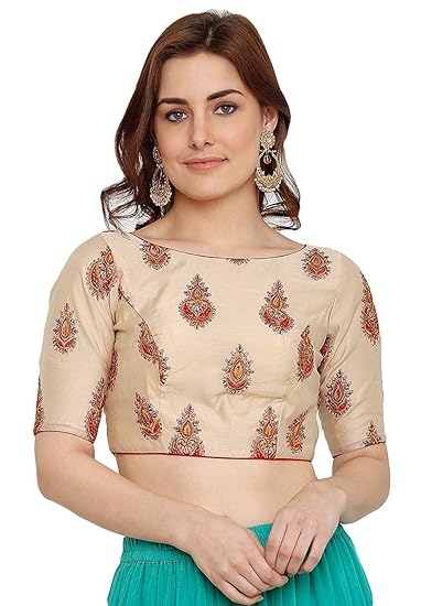 CREAM COLOR SILK EMBROIDERED WORK READYMADE SAREE BLOUSE