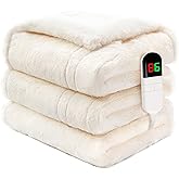 PTQ Heated Electric Blanket Twin 62"×84", Plush Fast Heating Faux Rabbit Fur Blanket with 8 Heating Levels Auto Shut Off, for Bed & Couch Super Cozy Fuzzy,Fluffy Winter Warming Beige