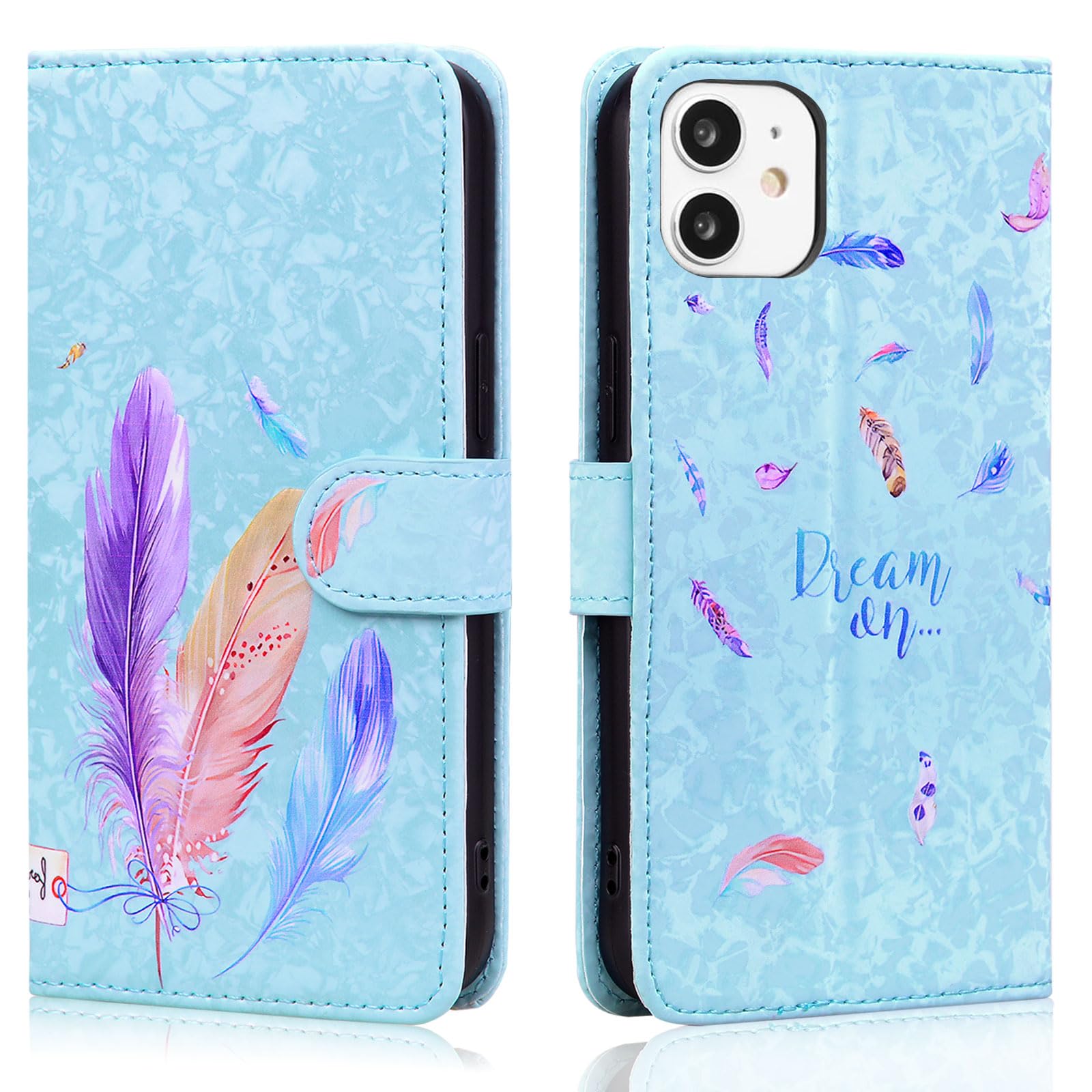Aisenth Wallet Case for iPhone 11 (6.1 inch), Colorful Feather 3D Pattern PU Leather Flip Case for Girls, Protective Cover with Magnetic Closure, Stand Function, Card Slots, Blue
