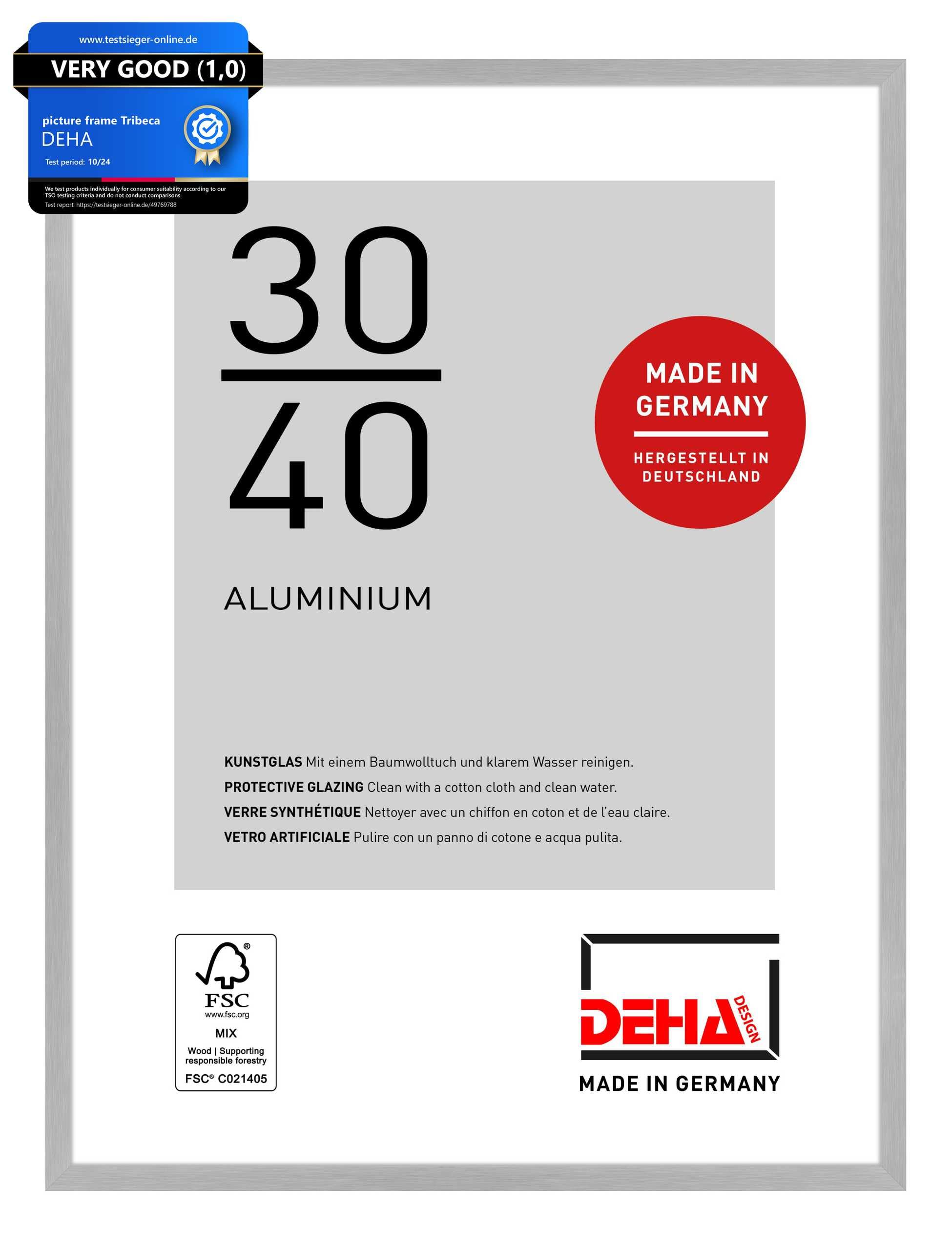 DEHA Design Tribeca Aluminium Picture Frame - 30x40 cm – Brushed Silver - with Synthetic Glass and Push/Turn Clips