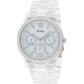 XOXO Women's Fashion Watch with Crystal Bezel Accents and Clear Resin Bracelet, Faux Chronograph Design, Quartz Movement, 38mm Case, Fits Wrists 5.5" to 8"
