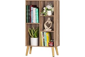 LEYAOYAO Wooden 5 Cube Bookshelf, Oak 3 Tier Book Shelf with Legs, Modern Open Storage Boho Organizer Bookcase,Display Cabine