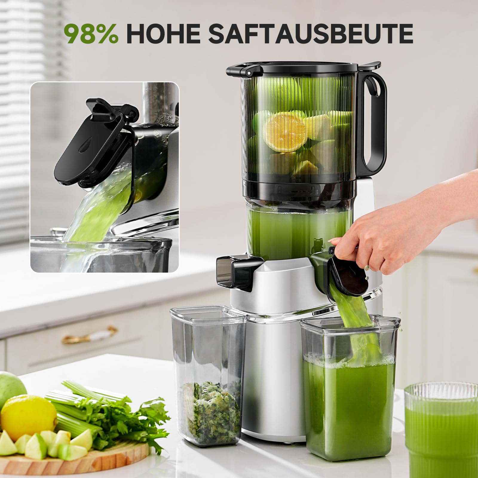 AMZCHEF 250W Automatischer All-In-One Entsafter, 145MM Öffnung und 1,8L entsafter für Gemüse und Obst, Kaltpresse Slow Juicer Testsieger mit Dreifachem Filter - Silber 4