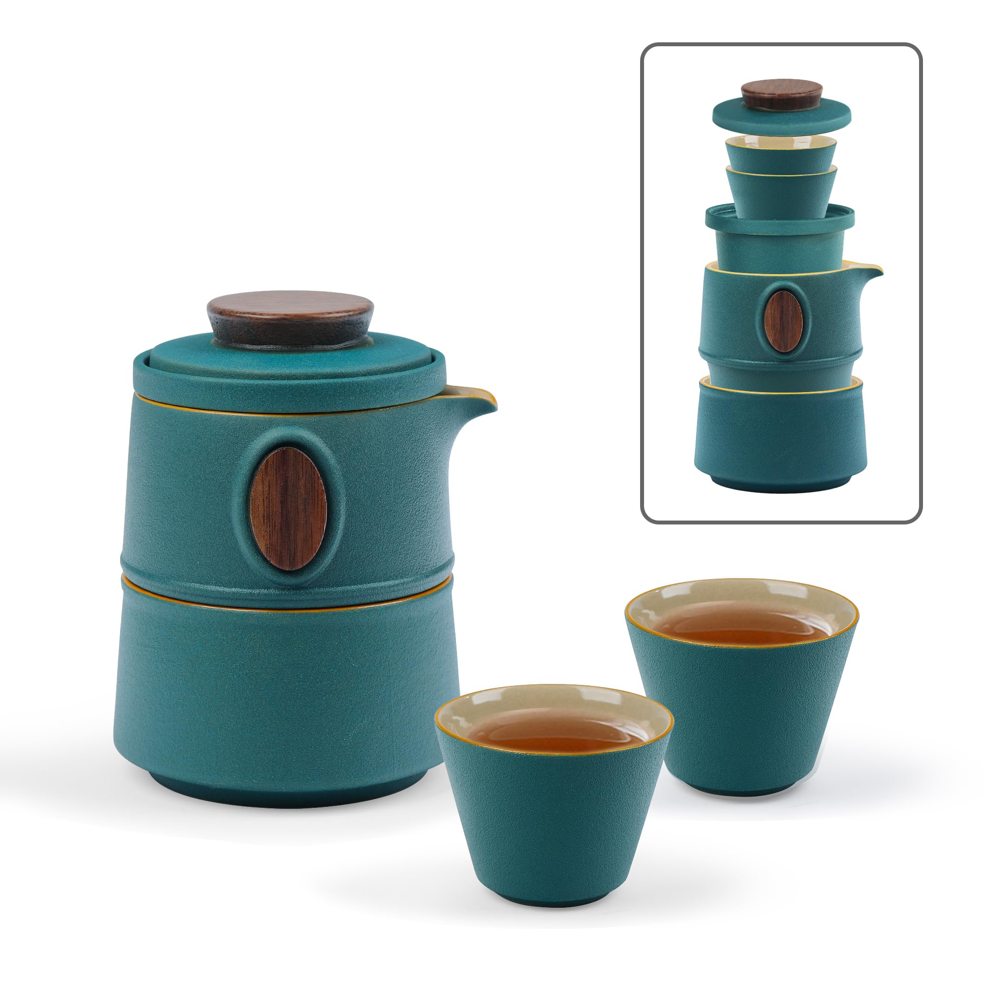 fanquare Portable Travel Tea Set with Case Green Porcelain Chinese Kung Fu Teapot with Infuser Mini 1 Teapot 3 Cups for Outdoors