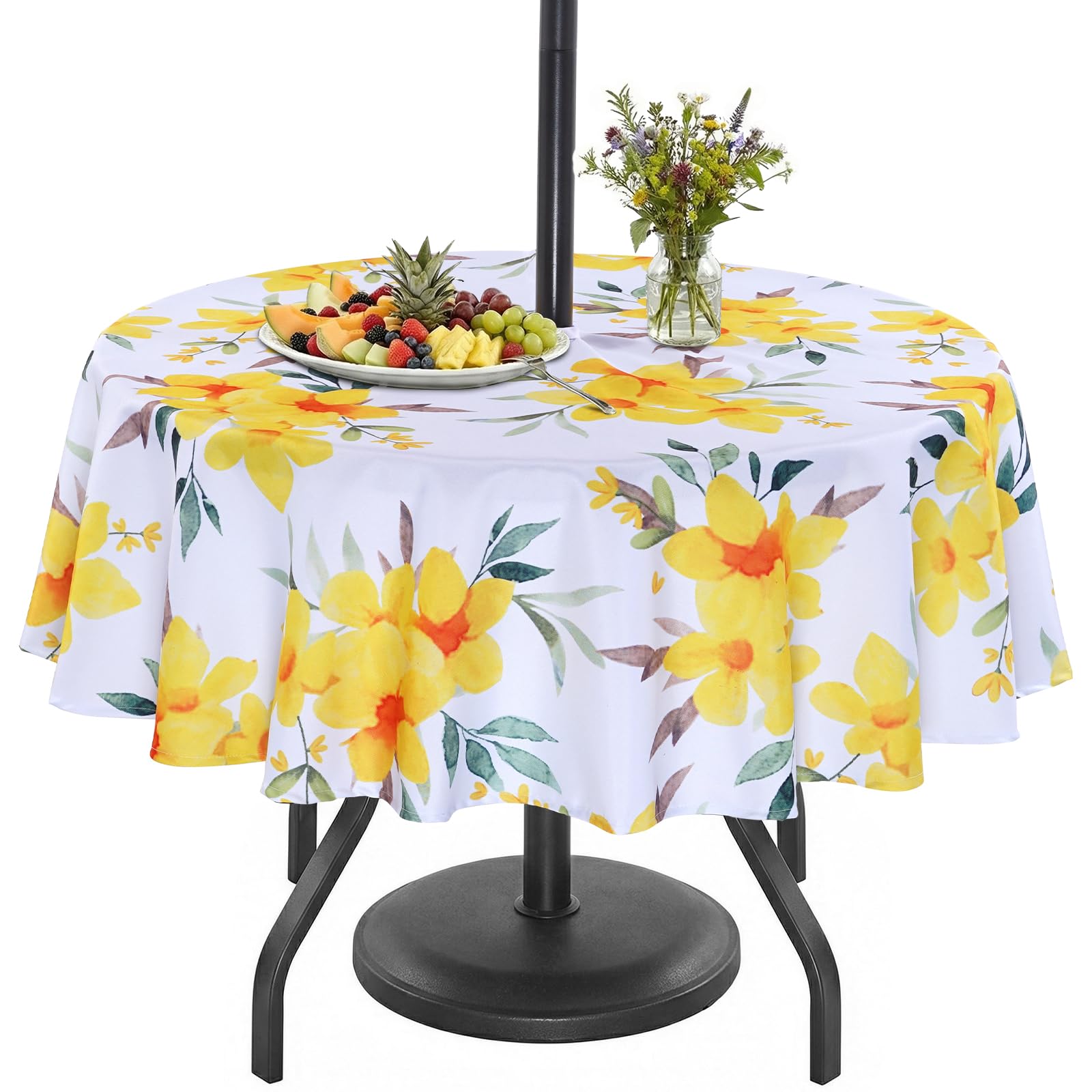 Eternal Beauty 152cm Round Yellow Flower Indoor Outdoor Splashproof Tablecloth with Umbrella Hole and Zipper for Patio Garden Party and BBQ (60")
