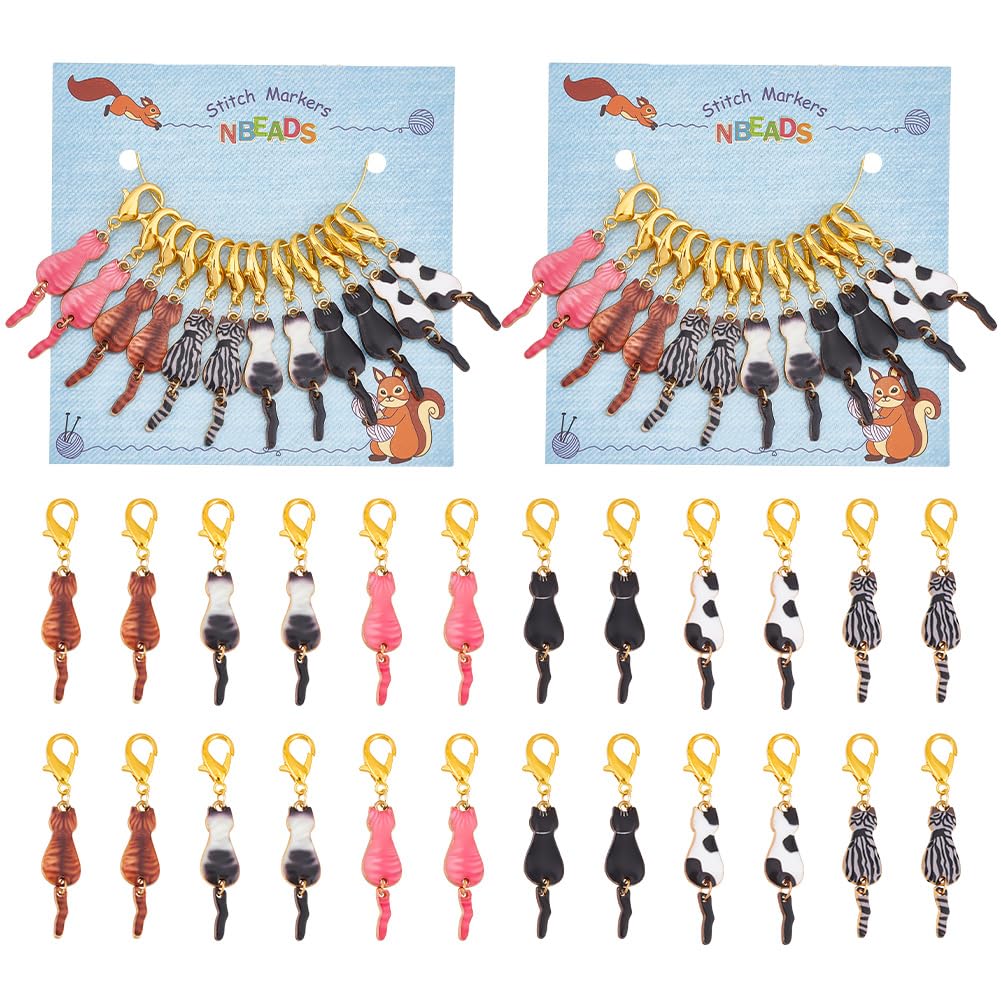NBEADS 24 Pcs Cat Stitch Markers, Enamel Crochet Stitch Marker Charms Removable Lobster Claw Clasps Locking Stitch Marker for Knitting Weaving Sewing Jewelry Making — image 1