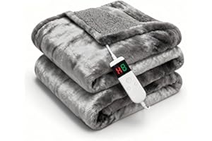 Cushious Electric Heated Blanket Throw 50''x60''Size Faux Fur Heating Blanket 10 Heating Settings, 1-8h Timer & Overheat Protection, Machine Washable, Soft Flannel and Sherpa Full Body Warmth
