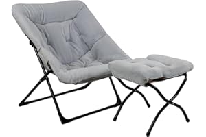 Mordchil HF Comfy Saucer Chair for Adults, Soft Faux Fur Bedroom Chair with Ottoman, Accent Dorm Chairs, Living Room Reading Chairs and Footstool, Folding Lounge Seat for Teens, X-Large, Grey