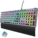 Fiodio Retro Mechanical Gaming Keyboard with Blue Switches, Audible Click Sound, Control Knob for Multi-Media, Removable Wris
