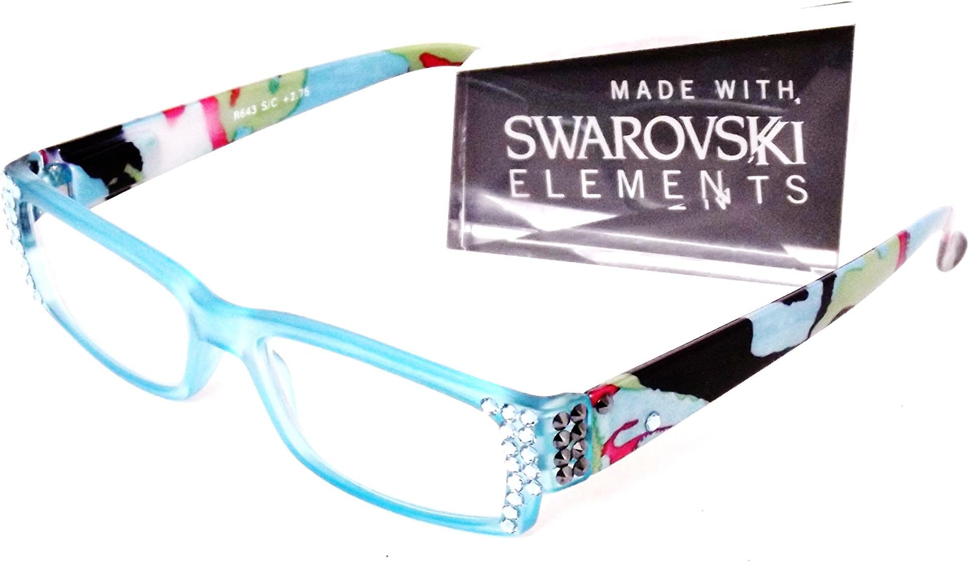 Optical Ladies READING EYEGLASSES Made w SWAROVSKI Crystals Elements Abstract Women & Pouch +2.75 Aqua