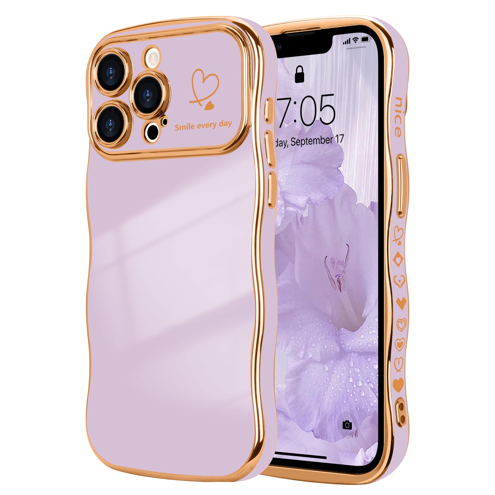 LCHULLE for iPhone 13 Pro Case for Women Girls,Cute Curly Wave Frame Shape Love Heart Pattern Phone Case,Raised Camera Protection Luxury Plating Shockproof Cover for iPhone 13 Pro 6.1",Light Purple — image 1