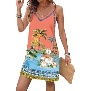RoseSeek Women's Summer Boho Floral Tropical Mini Dresses Sundress 2026 | V Neck, Spaghetti Strap, Flowy, Beach, Vacation, Ha