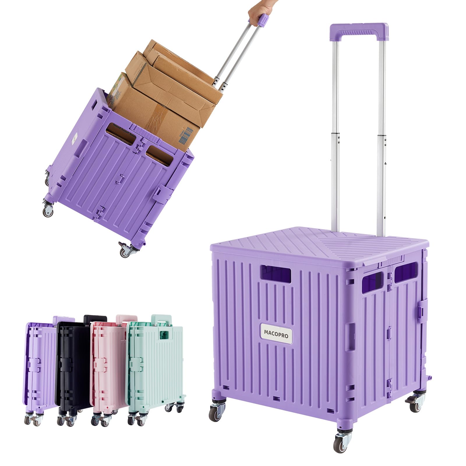 Photo 1 of ***2 BROKEN WHEELS*** Foldable Utility Cart Folding Portable Rolling Crate Handcart with Durable Heavy Duty Plastic Telescoping Handle Collapsible 4 Rotate Wheels for Travel Shopping Moving Luggage Office Use (Purple)