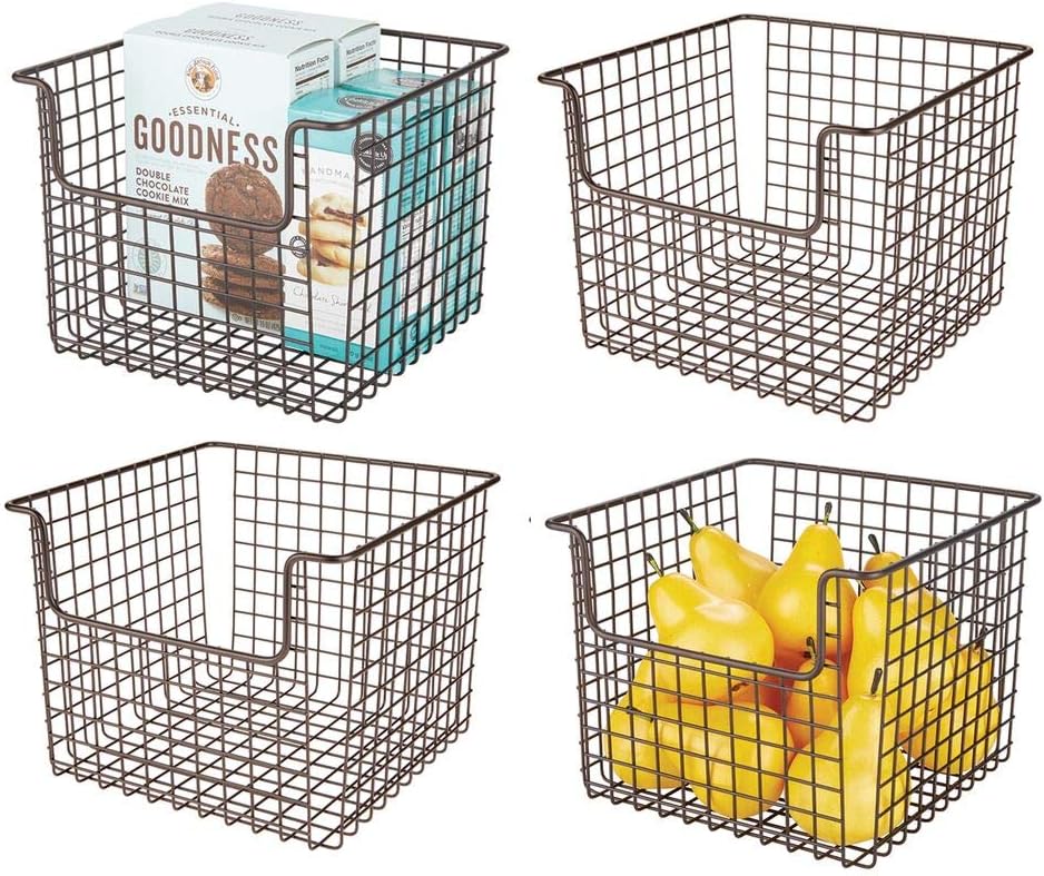 mDesign Metal Wire Open Front Organizer Basket for Kitchen Pantry, Cabinet, Shelf - Holds Canned Goods, Baking Supplies, Boxed Food Mixes, Fruits, Vegetables, Snacks - 4 Pack - Bronze