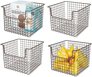 mDesign Metal Wire Open Front Organizer Basket for Kitchen Pantry, Cabinet, Shelf - Holds Canned Goods, Baking Supplies, Boxed Food Mixes, Fruits, Vegetables, Snacks - 4 Pack - Bronze
