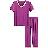 Latuza Women's V-neck Sleepwear Short Sleeves Top with Pants Pajama Set
