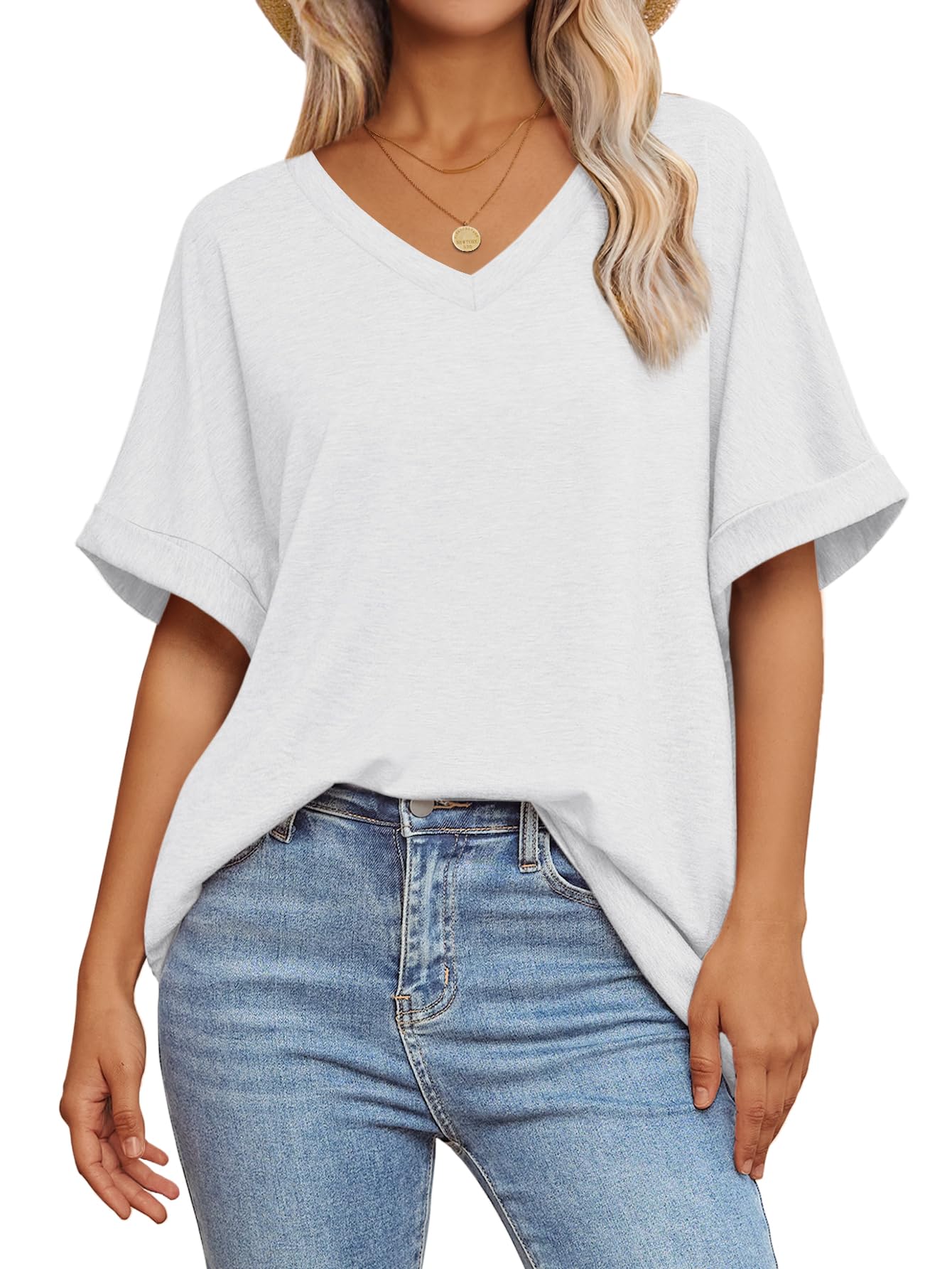 Photo 1 of ATHMILE Womens Oversized T Shirts Loose Fit V Neck Short Sleeve Summer Casual Blouse 2025 Y2K Tee Tops White