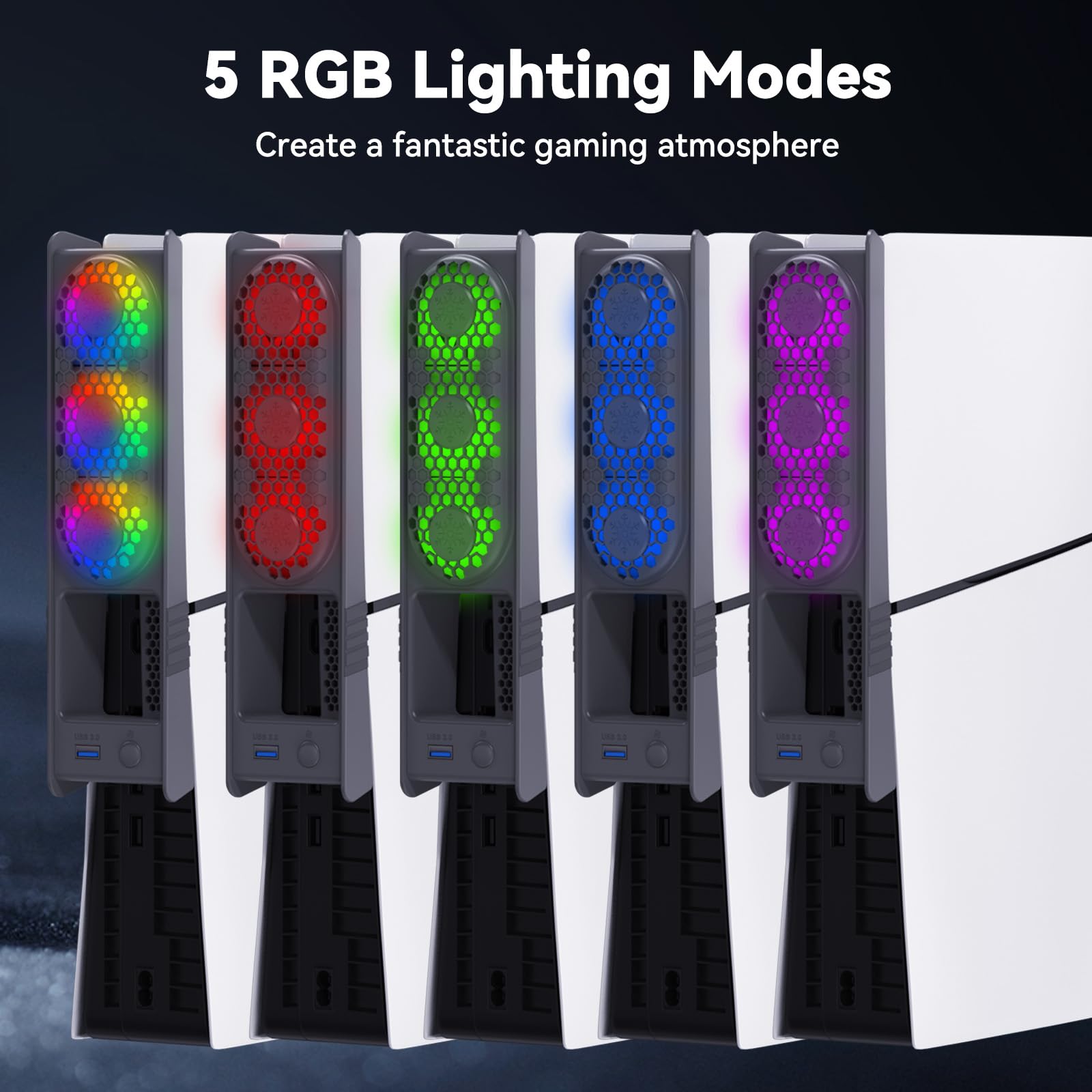 ELUTENG Kühlventilator für PS5 Slim / PS5 Pro, Leises Lüfter mit RGB-Licht & Automatischer Temperaturgesteuerte Geschwindigkeit, Lüfter Kühler mit USB 3.0 Port für Playstation 5 Pro / Slim Disc & Dig 4