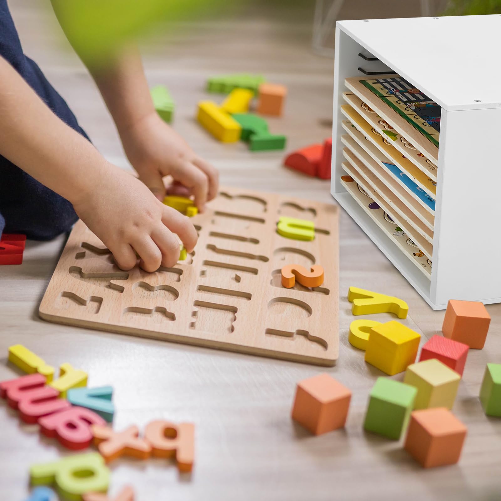 Sintuff Puzzle Holder Rack Wooden Jigsaw Organizer Layered Puzzle Storage Box Shelf Storage Case Holds 12 Puzzles for Craft Collection Lovers Accessories