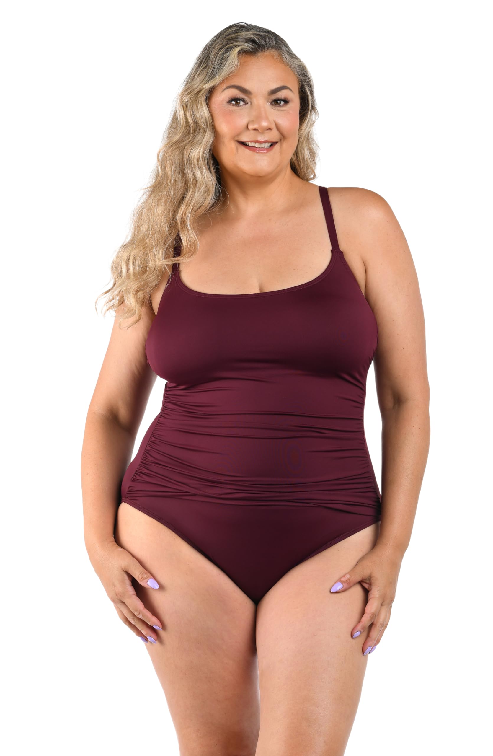 Photo 1 of La Blanca Women's Island Goddess Rouched Body Lingerie Mio One Piece Swimsuit, Dark Cherry, 4