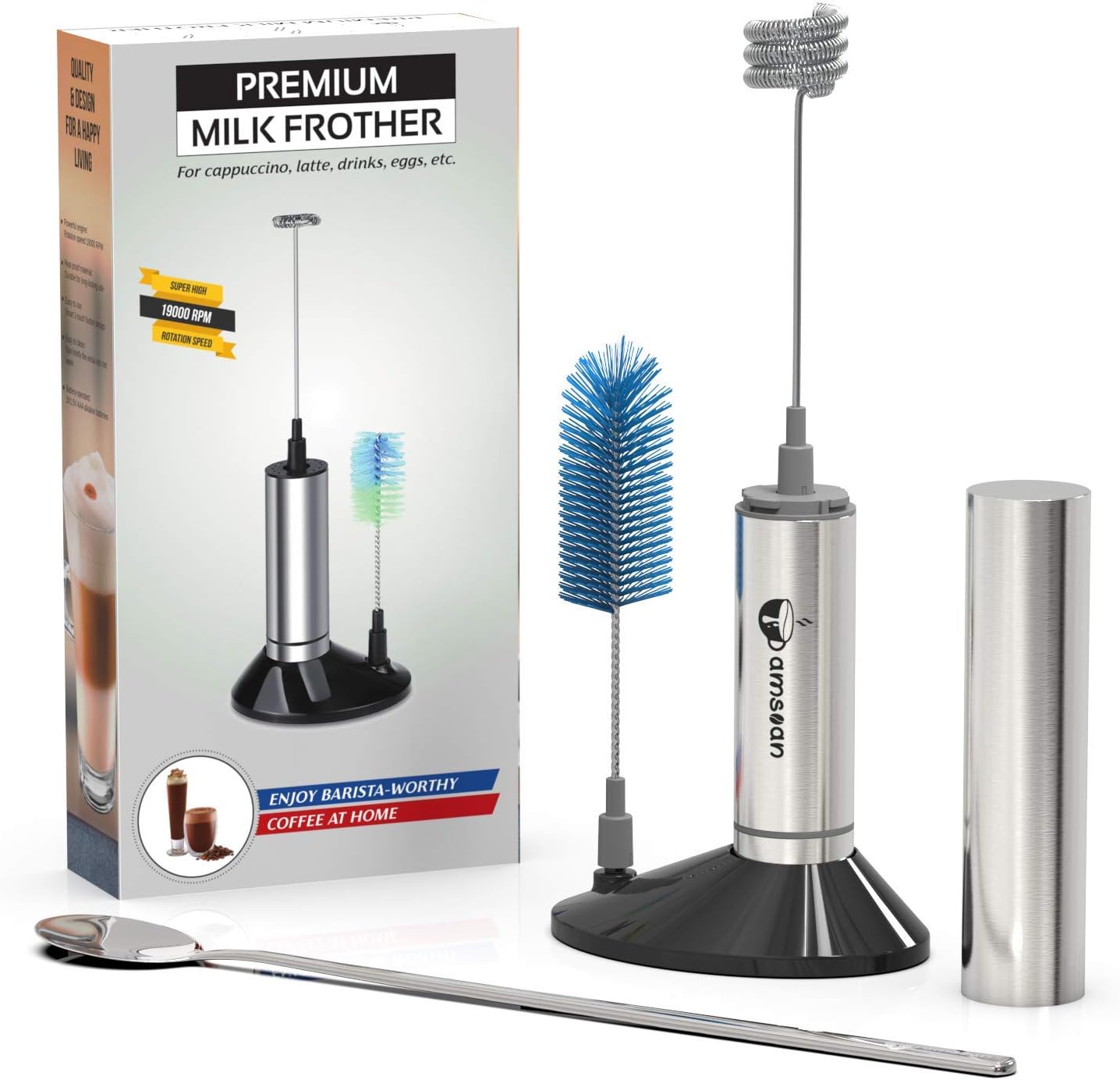 Amsoan Milk Frother Handheld Single Touch Button Operation Foam Maker For Cappuccino, Caffee Latte, Hot Chocolate, Frappe With 3 Spring Stainless Steal Whisk,With Cleaning Brush, Stand and Whisk Cover (SILVER)