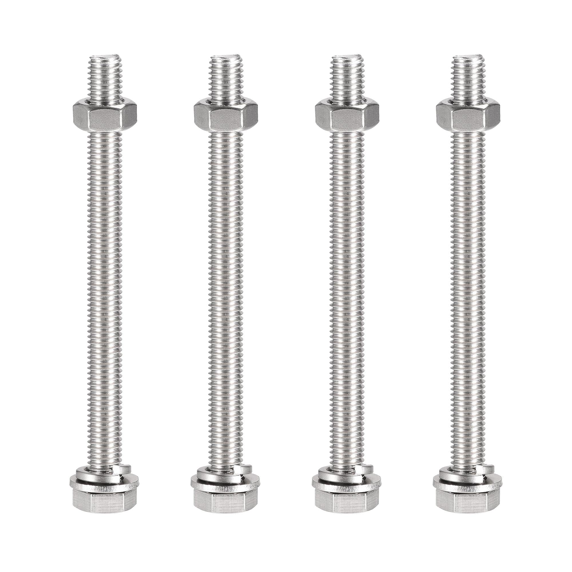 sourcing map M10 x 130mm Hex Head Screws Bolts, Nuts, Flat & Lock Washers Kits, 304 Stainless Steel Fully Thread Hexagon Bolts 4 Sets