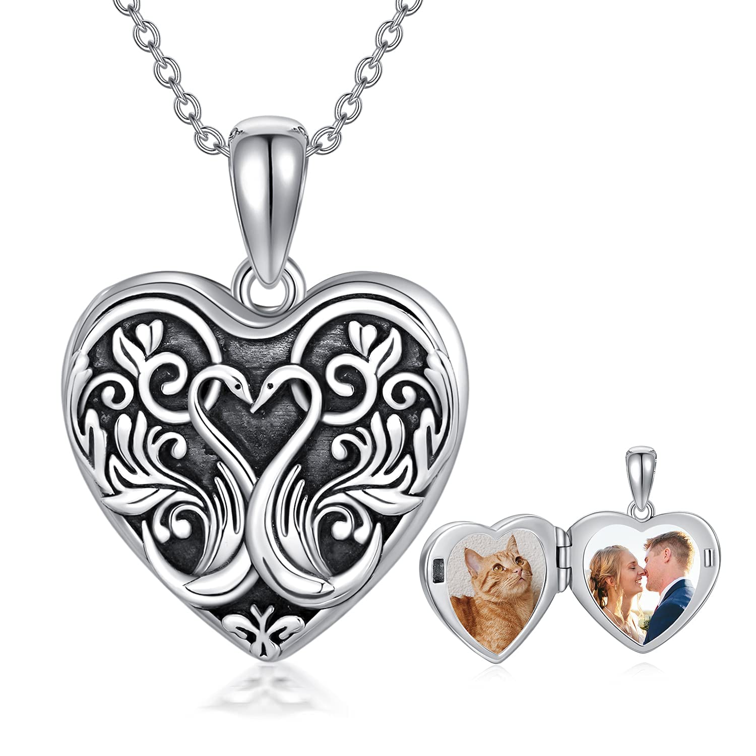 Locket Photo Necklace 925 Sterling Silver Swan Heart Locket Pendant Necklace with Picture Gifts for Women