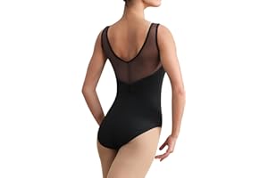 Hanebel Women Sleeveless Dance Leotard Mesh Tank for Adult Ballet, Chest Padding, V-shape Front Splicing