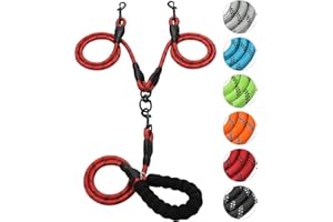 GOKOTTA Double Dog Leash Reflective Detachable Coupler and Tangle Free, Support add to Multiple Rope Leash Control with Padded Handle for Large and Medium Dogs Walking(Red, Double Leash)