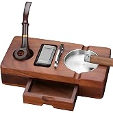 FANKAI Cigar Ashtray Set, Wooden Ash Tray with Accessories Drawer, Refillable Cigar Lighter Built in Punch, Stainless Steel Cutter Guillotine, Smoking Pipe, 3 Stands