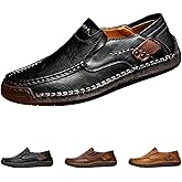 Men's Leather Driving Walking Shoes,Vintage Lightweight Comfort Slip-On Flat Moccasin Dress Oxford Casual Boat Loafers