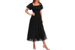 PRETTYGARDEN Women's Smocked Midi Tulle Dress 2025 Summer Puffy Short Sleeve Square Neck Ruffle Wedding Guest Party Dresses