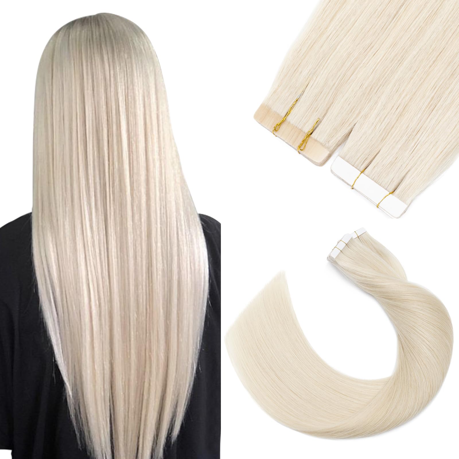 20inch Tape in Hair Extensions Human Hair 20 PCS 2.5g/pc 100% Real Natural Remy Hair Skin Weft Extension #70 Bleach White