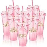 Jingmore 8 Set Birthday Party Glitter Tumblers 24 oz Birthday Squad Birthday Queen Plastic Tumblers with Lid Straw and Twist Bow for Birthday Decorations Party Favor for Women(Pink)