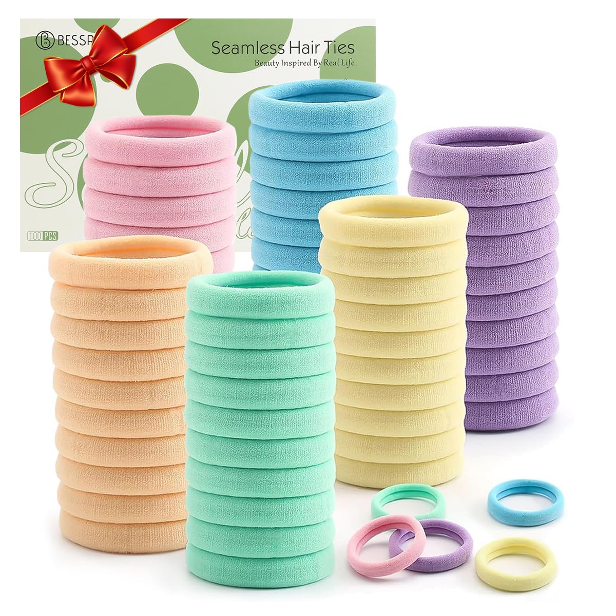 Photo 1 of 100 Pcs Thick Seamless Spring Hair Ties, Ponytail Holders Hair Accessories No Damage for Thick Hair Christmas Gift(Spring Colors)