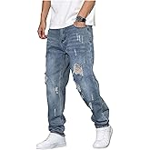Verdusa Men's Vintage Distressed Ripped Jeans Straight Leg Denim Pants with Pockets