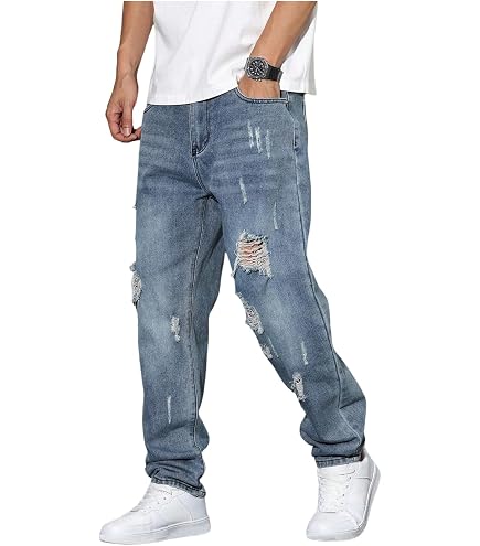 Mens Baggy Jeans Distressed Bootcut Ripped Jeans Relaxed Fit Denim
