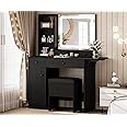 LIKIMIO Vanity Desk with Drawers & LED Lighted Mirror & Power Outlet & Cabinet, Storage Stool, Stylish Bedroom Makeup Table Set, Modern Black