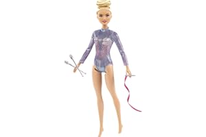 Barbie Rhythmic Gymnast Blonde Doll (12-in/30.40-cm) with Colorful Metallic Leotard, 2 Clubs & Ribbon Accessory, Great Gift for Ages 3 Years Old & Up