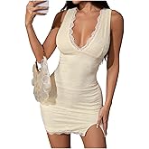 MakeMeChic Women's Fall Floral Lace Deep V Neck Mini Dress Sleeveless Split Hem Bodycon Dresses