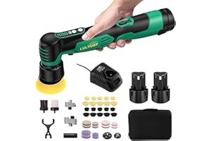 LULYDAY Mini Cordless Buffer Polisher, 1.5 & 2 inch Car Buffer Polisher with 12mm Random Orbital, w/ 2 X 2.0Ah Batteries 6 Variable Speed Dual Action Buffer Polisher for Car Detailing/Waxing/Polishing